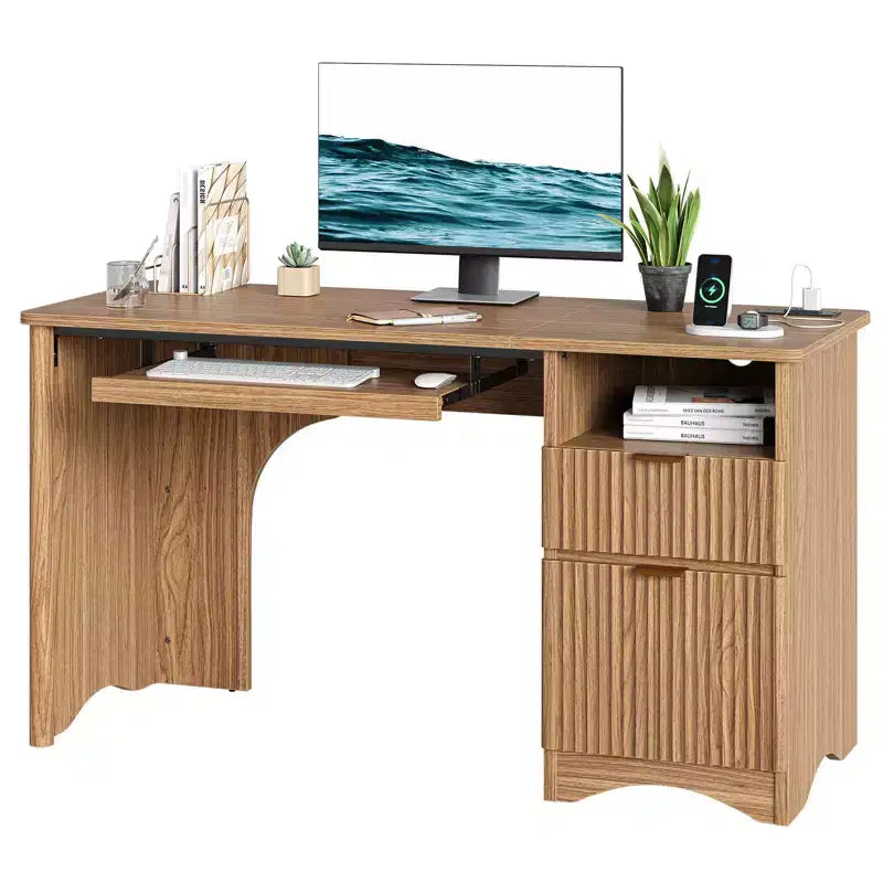 Scrivania 55", quercia nera/marrone/naturale/noce, monoposto, con prese di corrente, vassoio estraibile per tastiera e cassetti contenitori