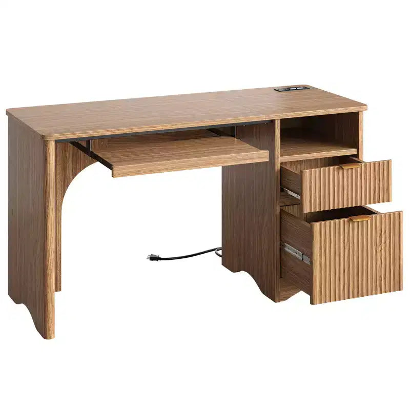 Scrivania 55", quercia nera/marrone/naturale/noce, monoposto, con prese di corrente, vassoio estraibile per tastiera e cassetti contenitori