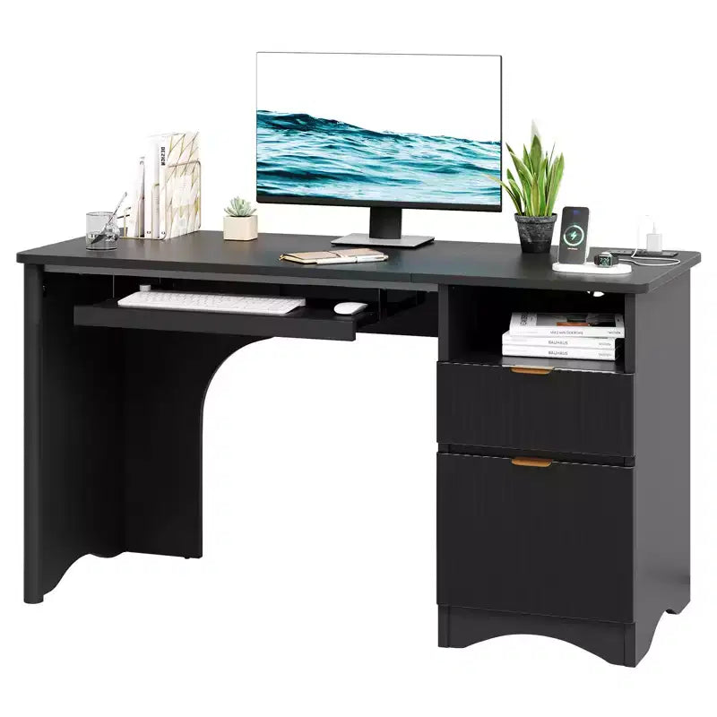 Scrivania 55", quercia nera/marrone/naturale/noce, monoposto, con prese di corrente, vassoio estraibile per tastiera e cassetti contenitori