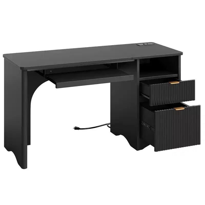 Scrivania 55", quercia nera/marrone/naturale/noce, monoposto, con prese di corrente, vassoio estraibile per tastiera e cassetti contenitori