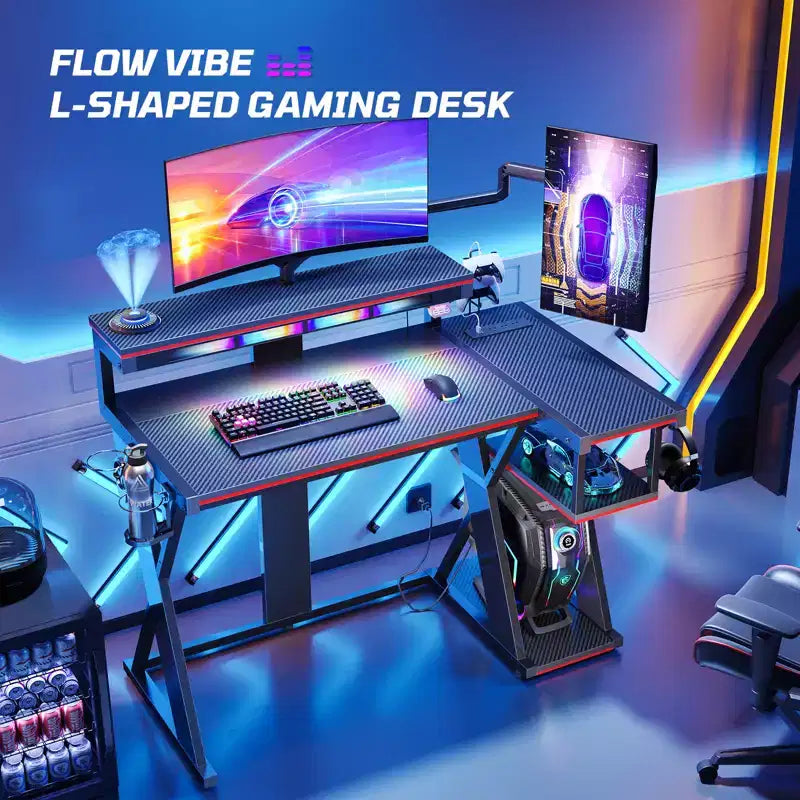 Scrivania da gaming a L con luce LED, supporto per monitor e presa di corrente – Nero/Viola, 42"/57", 1 persona