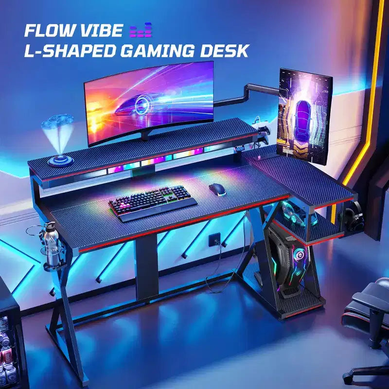 Scrivania da gaming a L con luce LED, supporto per monitor e presa di corrente – Nero/Viola, 42"/57", 1 persona
