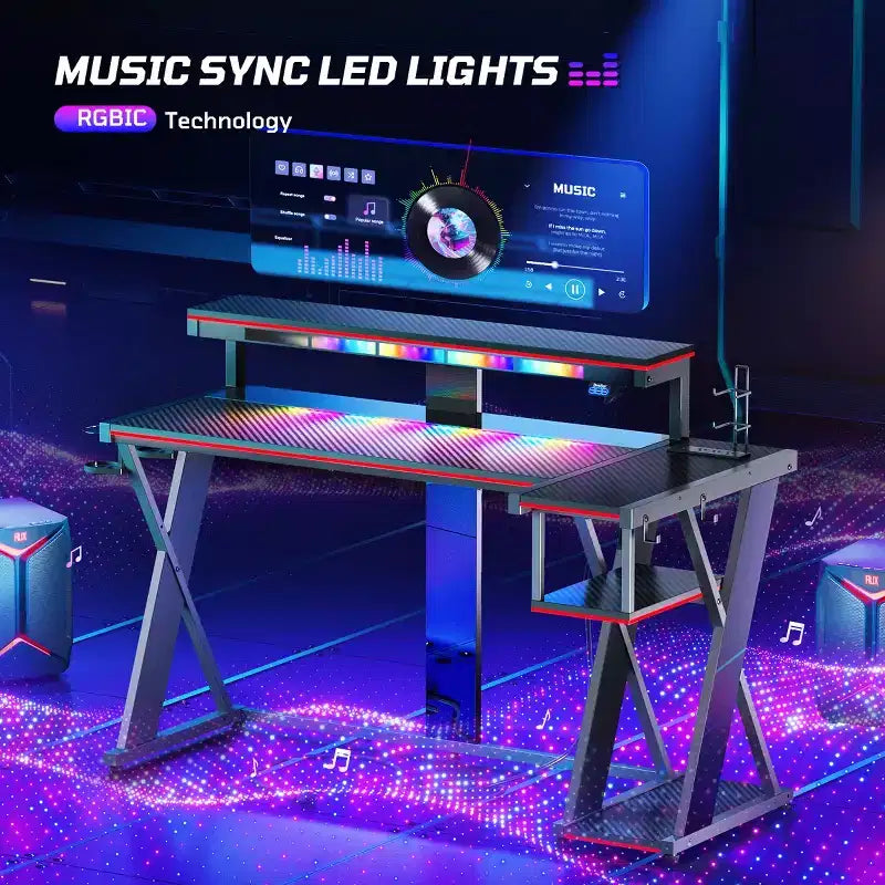 Scrivania da gaming a L con luce LED, supporto per monitor e presa di corrente – Nero/Viola, 42"/57", 1 persona