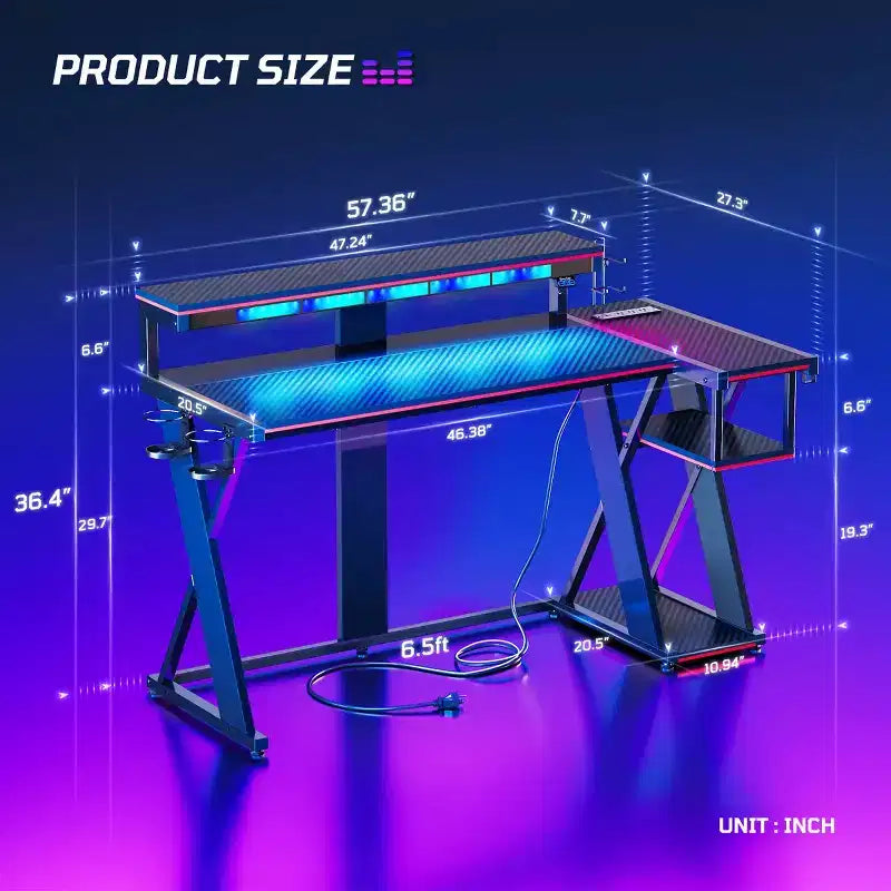 Scrivania da gaming a L con luce LED, supporto per monitor e presa di corrente – Nero/Viola, 42"/57", 1 persona