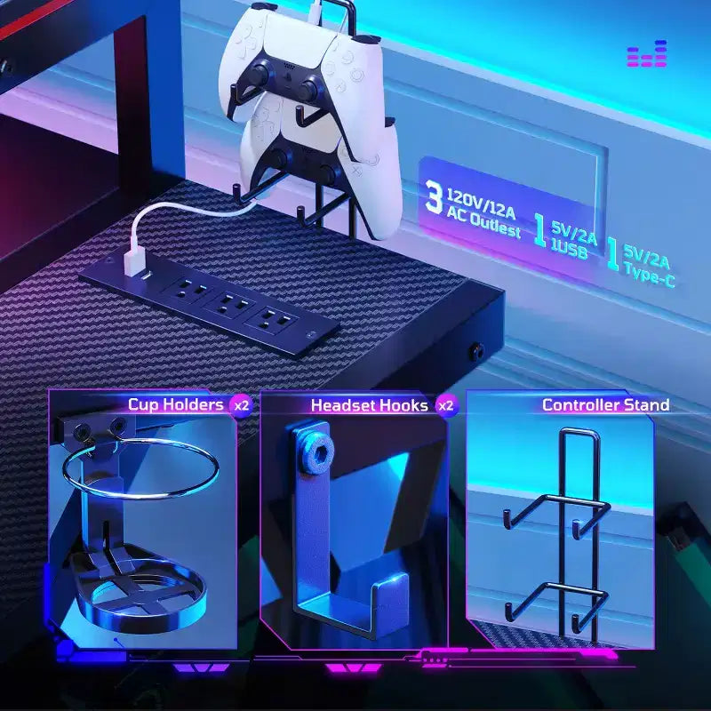 Scrivania da gaming a L con luce LED, supporto per monitor e presa di corrente – Nero/Viola, 42"/57", 1 persona