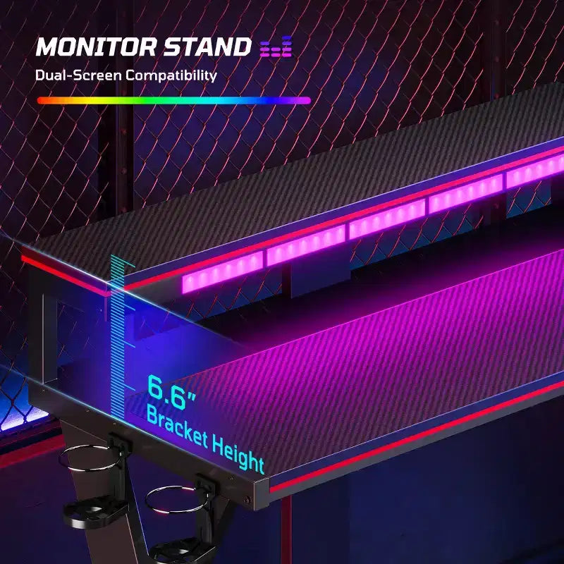 Scrivania da gaming a L con luce LED, supporto per monitor e presa di corrente – Nero/Viola, 42"/57", 1 persona