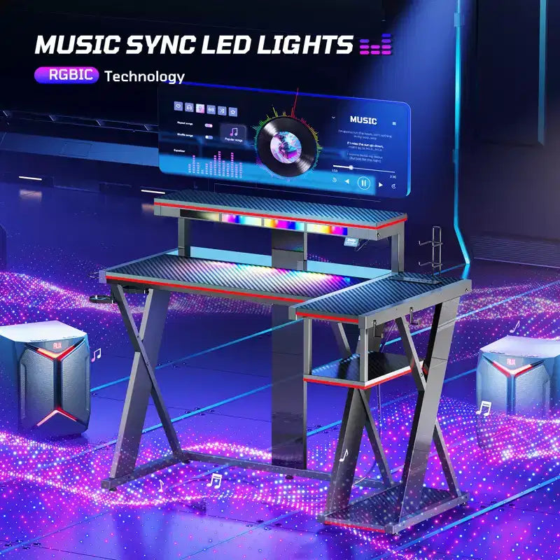 Scrivania da gaming a L con luce LED, supporto per monitor e presa di corrente – Nero/Viola, 42"/57", 1 persona