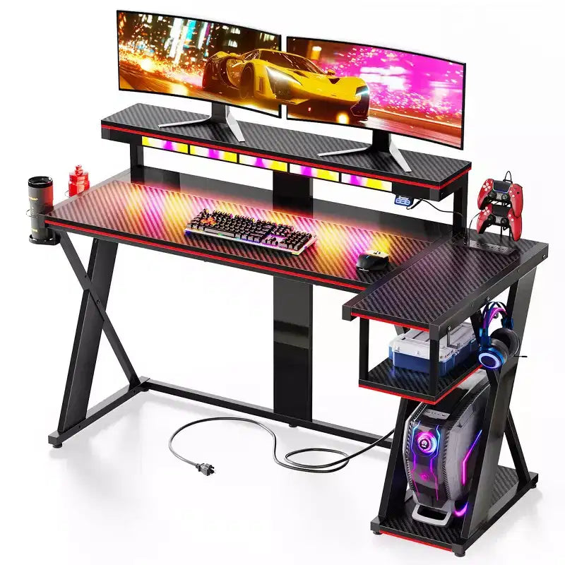Scrivania da gaming a L con luce LED, supporto per monitor e presa di corrente – Nero/Viola, 42"/57", 1 persona