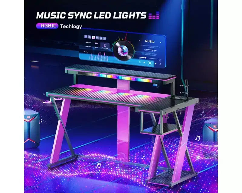 Scrivania da gaming a L con luce LED, supporto per monitor e presa di corrente – Nero/Viola, 42"/57", 1 persona