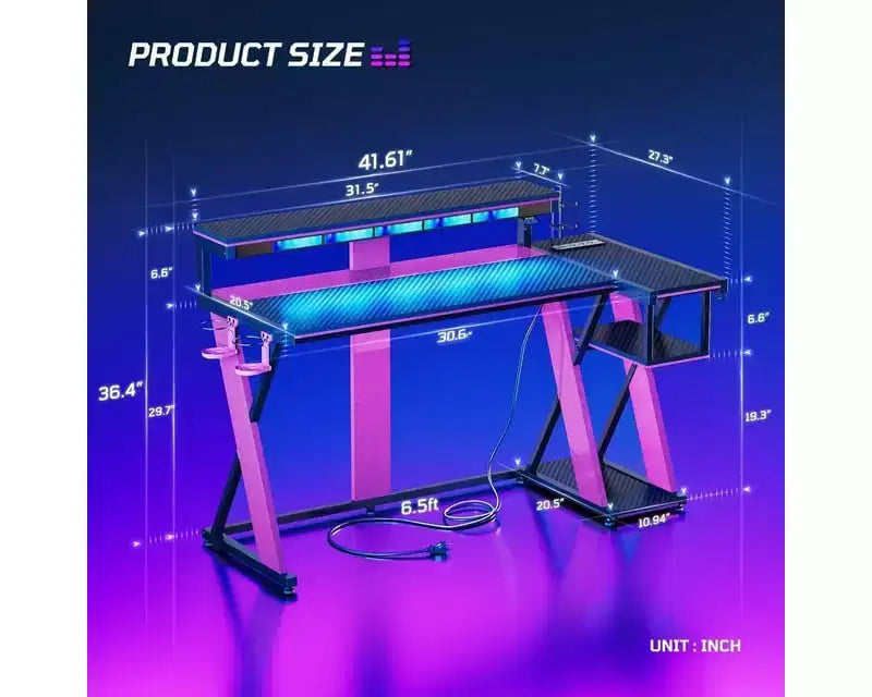 Scrivania da gaming a L con luce LED, supporto per monitor e presa di corrente – Nero/Viola, 42"/57", 1 persona