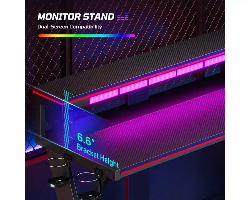 Scrivania da gaming a L con luce LED, supporto per monitor e presa di corrente – Nero/Viola, 42"/57", 1 persona
