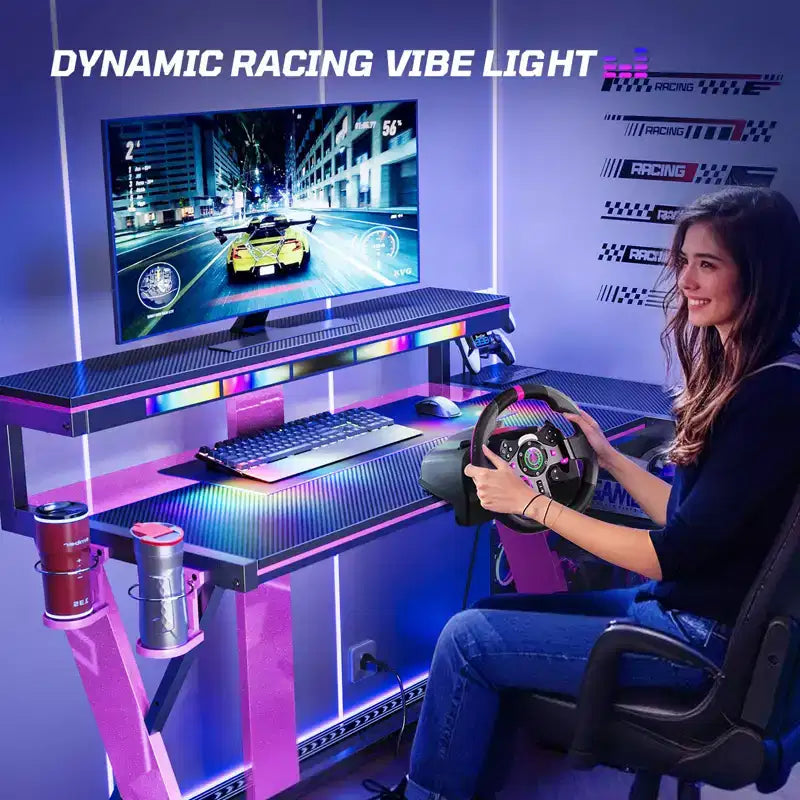 Scrivania da gaming a L con luce LED, supporto per monitor e presa di corrente – Nero/Viola, 42"/57", 1 persona