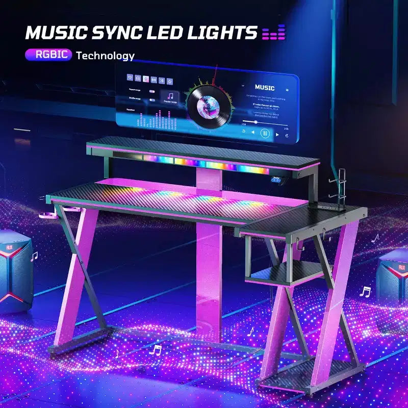 Scrivania da gaming a L con luce LED, supporto per monitor e presa di corrente – Nero/Viola, 42"/57", 1 persona