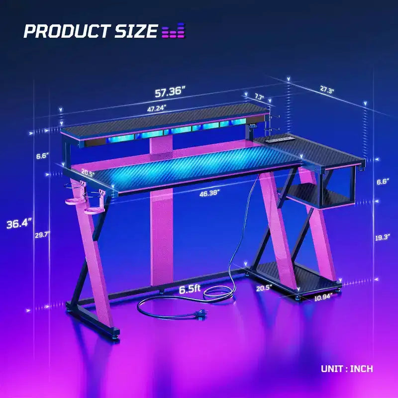 Scrivania da gaming a L con luce LED, supporto per monitor e presa di corrente – Nero/Viola, 42"/57", 1 persona
