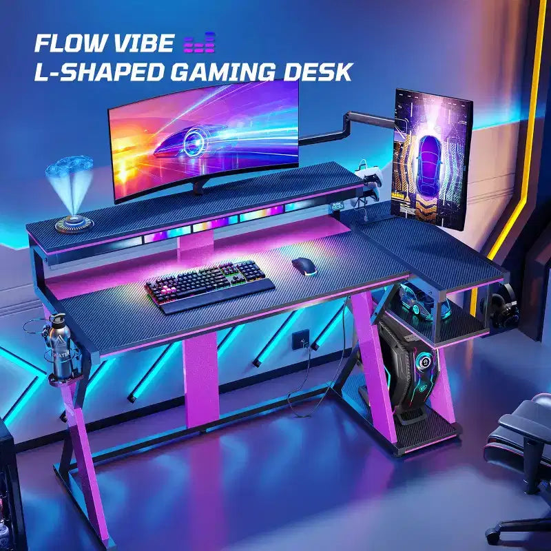 Scrivania da gaming a L con luce LED, supporto per monitor e presa di corrente – Nero/Viola, 42"/57", 1 persona
