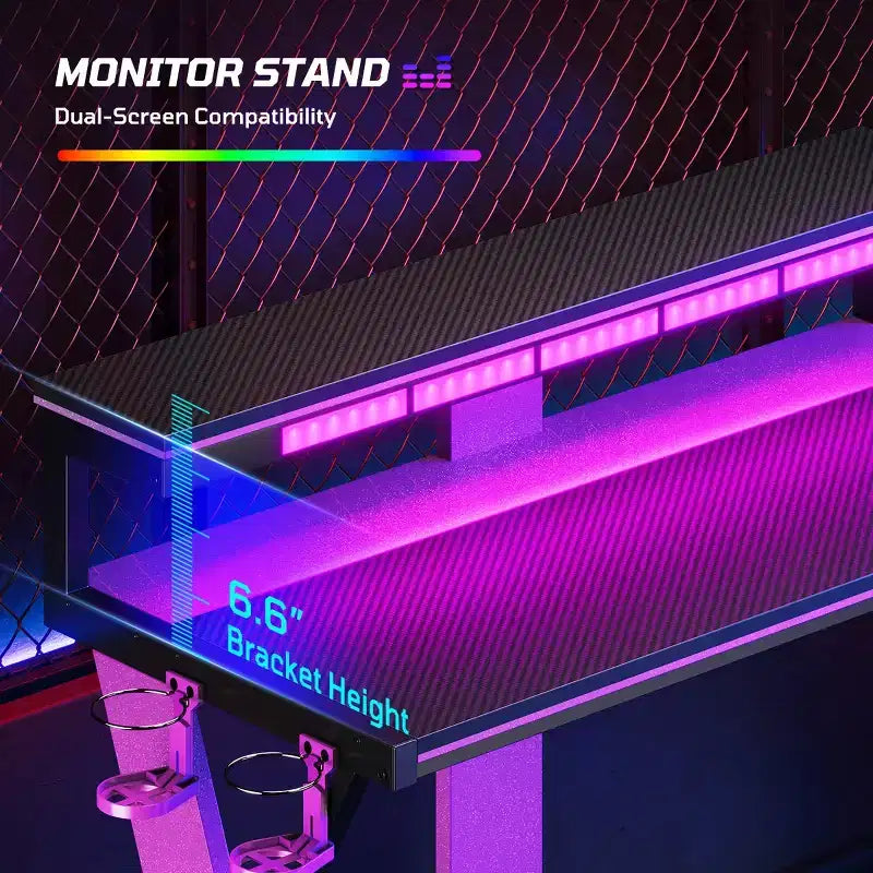 Scrivania da gaming a L con luce LED, supporto per monitor e presa di corrente – Nero/Viola, 42"/57", 1 persona
