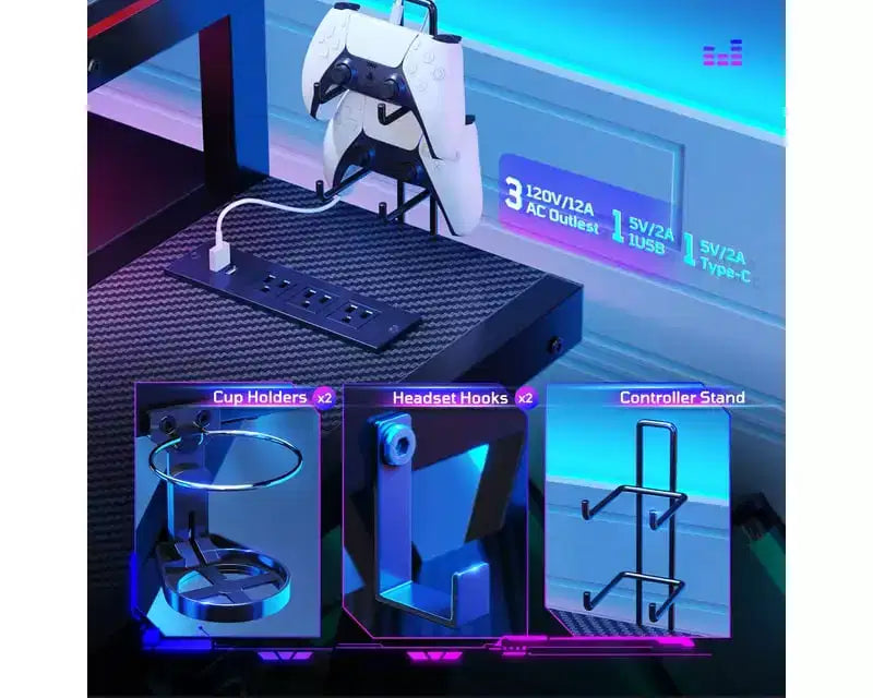 Scrivania da gaming a L con luce LED, supporto per monitor e presa di corrente – Nero/Viola, 42"/57", 1 persona