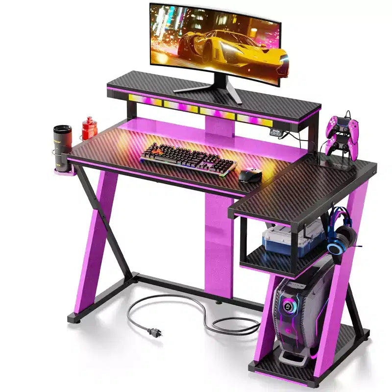 Scrivania da gaming a L con luce LED, supporto per monitor e presa di corrente – Nero/Viola, 42"/57", 1 persona