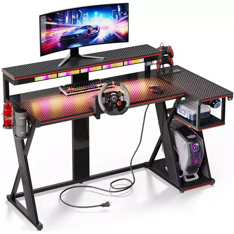 Scrivania da gaming a L con luce LED, supporto per monitor e presa di corrente – Nero/Viola, 42"/57", 1 persona