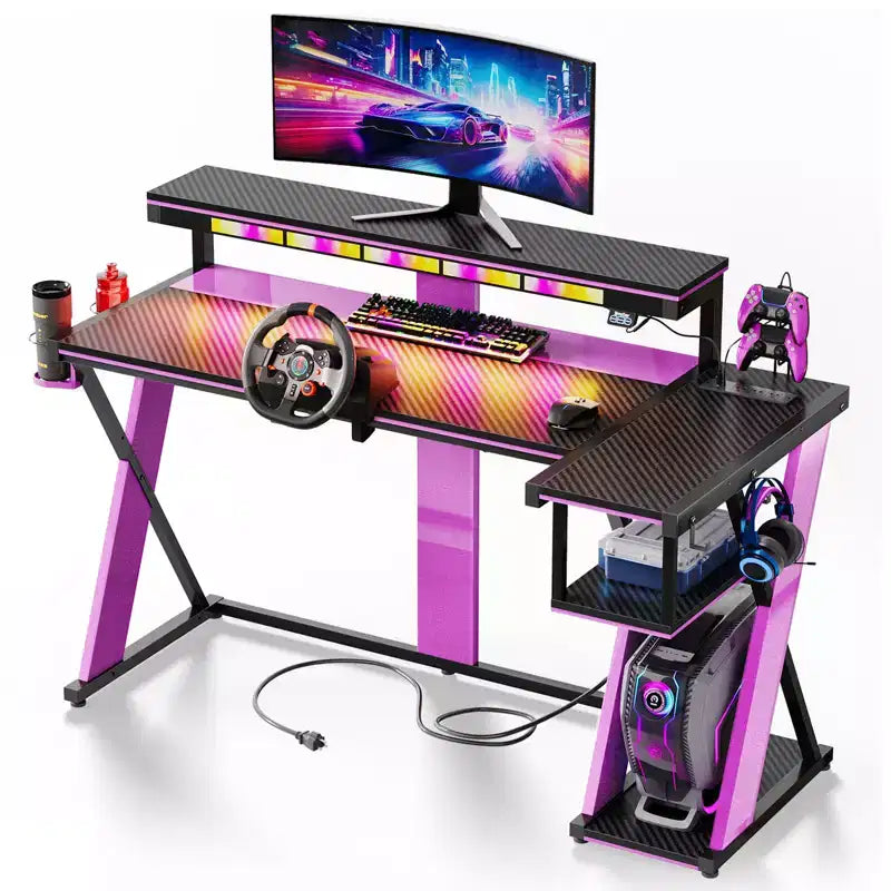 Scrivania da gaming a L con luce LED, supporto per monitor e presa di corrente – Nero/Viola, 42"/57", 1 persona