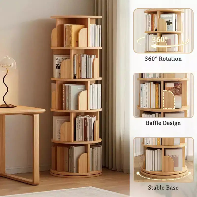 Libreria Girevole a 5 Ripiani, Tonalità Legno Naturale, MDF, Utente Singolo
