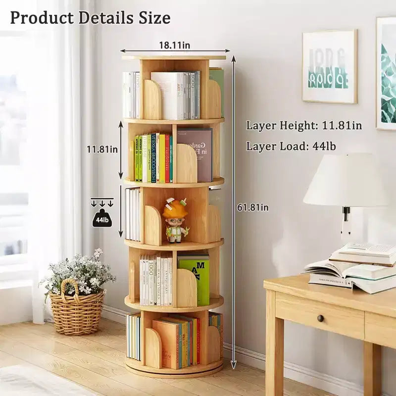 Libreria Girevole a 5 Ripiani, Tonalità Legno Naturale, MDF, Utente Singolo