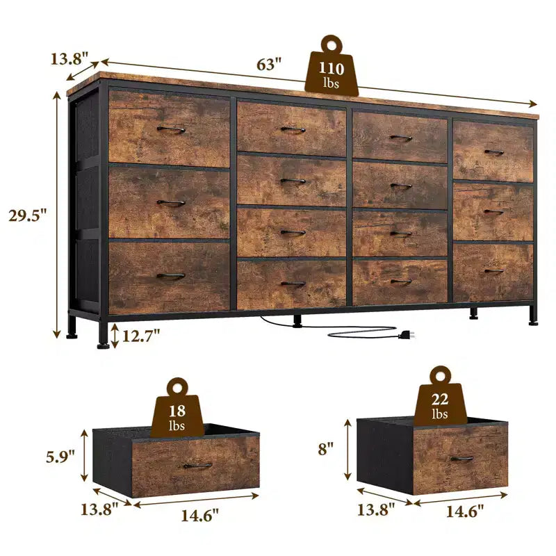 Comò TV in tessuto da 63" – Nero / Marrone / Rosa / Bianco, 14 cassetti, adatto per TV fino a 75"