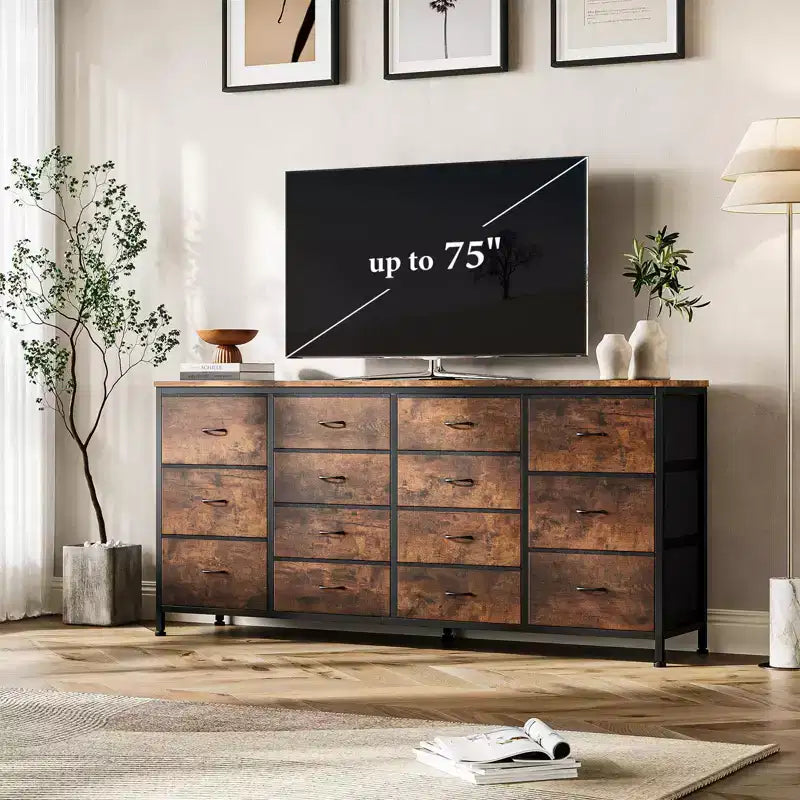 Comò TV in tessuto da 63" – Nero / Marrone / Rosa / Bianco, 14 cassetti, adatto per TV fino a 75"