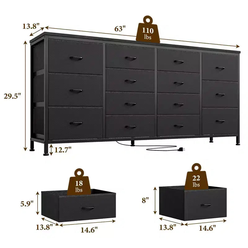 Comò TV in tessuto da 63" – Nero / Marrone / Rosa / Bianco, 14 cassetti, adatto per TV fino a 75"