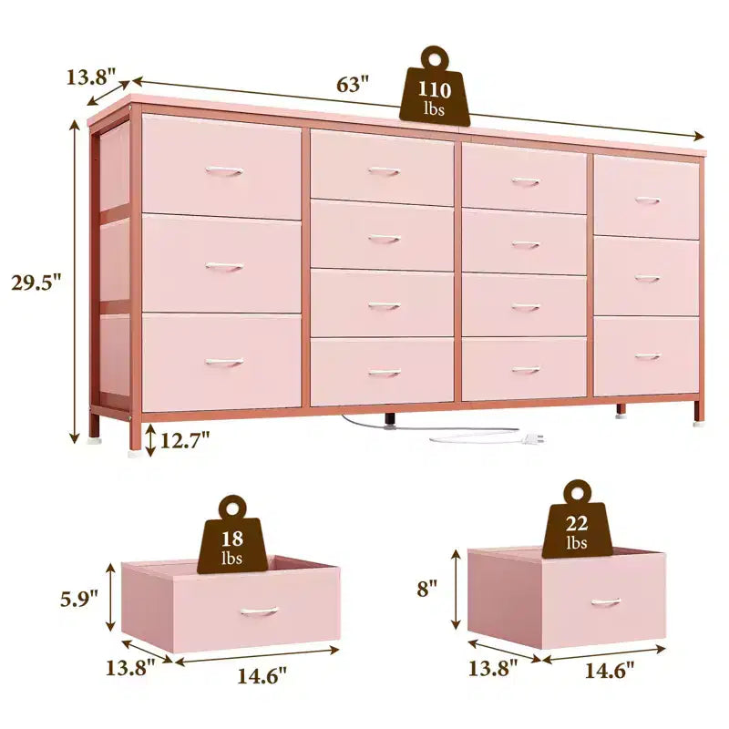 Comò TV in tessuto da 63" – Nero / Marrone / Rosa / Bianco, 14 cassetti, adatto per TV fino a 75"