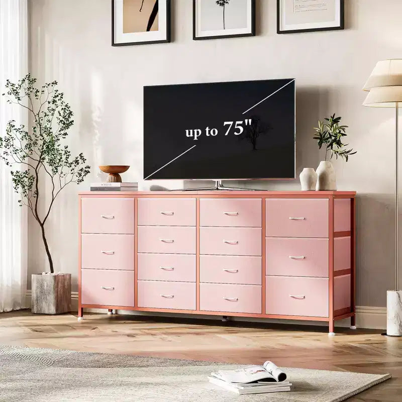 Comò TV in tessuto da 63" – Nero / Marrone / Rosa / Bianco, 14 cassetti, adatto per TV fino a 75"