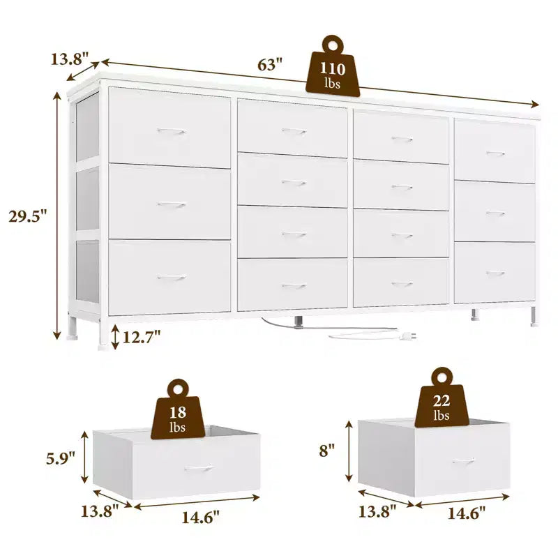 Comò TV in tessuto da 63" – Nero / Marrone / Rosa / Bianco, 14 cassetti, adatto per TV fino a 75"