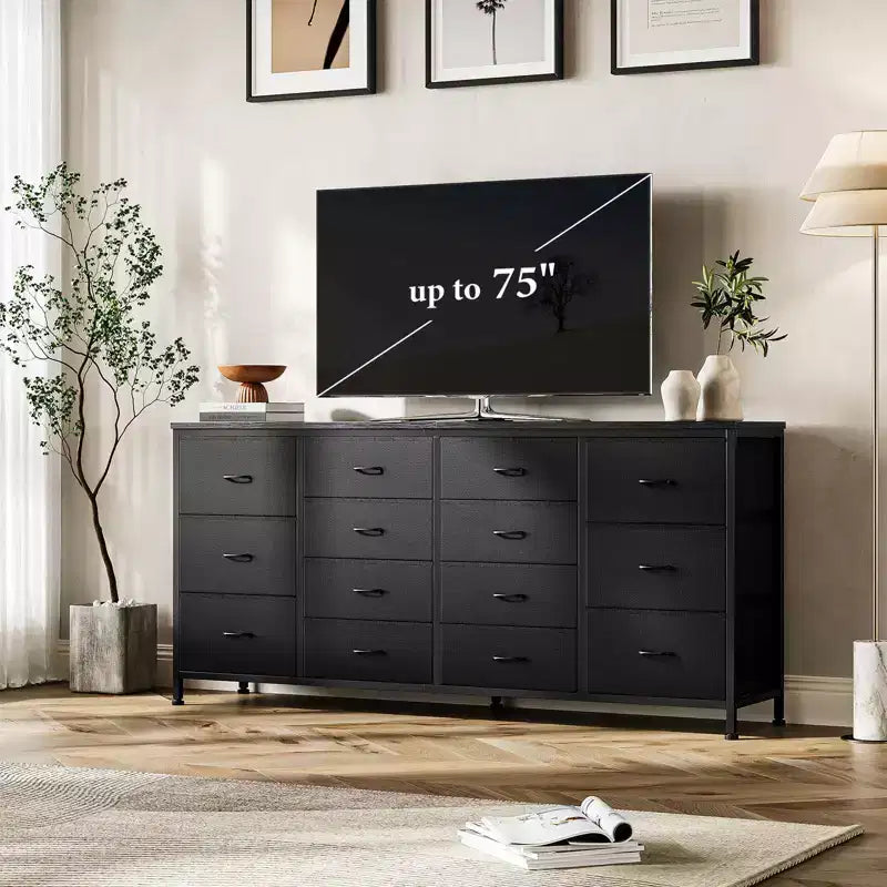 Comò TV in tessuto da 63" – Nero / Marrone / Rosa / Bianco, 14 cassetti, adatto per TV fino a 75"