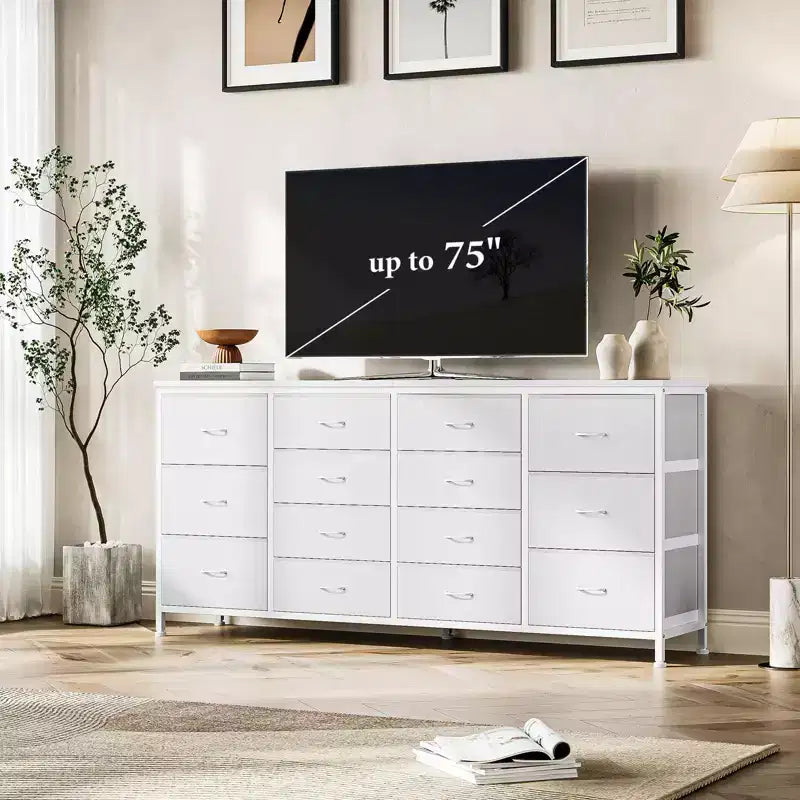 Comò TV in tessuto da 63" – Nero / Marrone / Rosa / Bianco, 14 cassetti, adatto per TV fino a 75"
