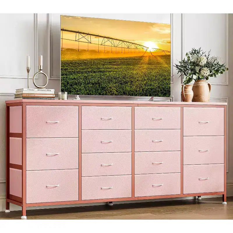 63 W Dresser Tv Stand for 65 70 75 Inch Tv, 14 Drawer for Bedroom with Power Outlets, Large Long Fabric Dresser Entertainment Center