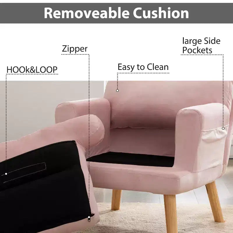 Poltrona accent velluto con pouf, beige / rosa, schienale regolabile, 1 posto, 2 pezzi