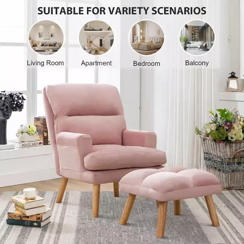 Poltrona accent velluto con pouf, beige / rosa, schienale regolabile, 1 posto, 2 pezzi