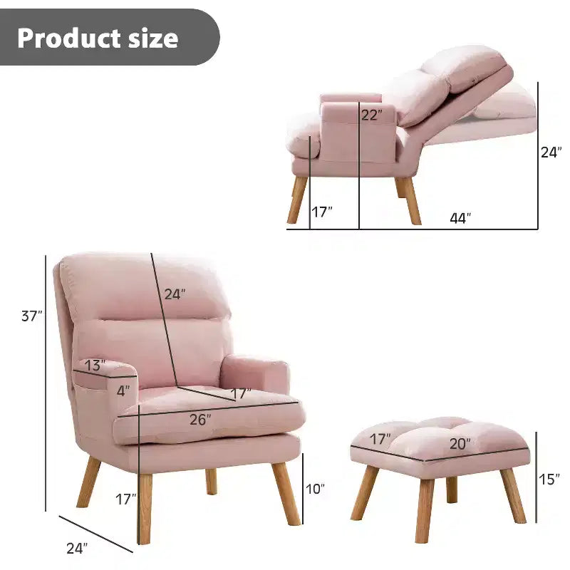 Poltrona accent velluto con pouf, beige / rosa, schienale regolabile, 1 posto, 2 pezzi