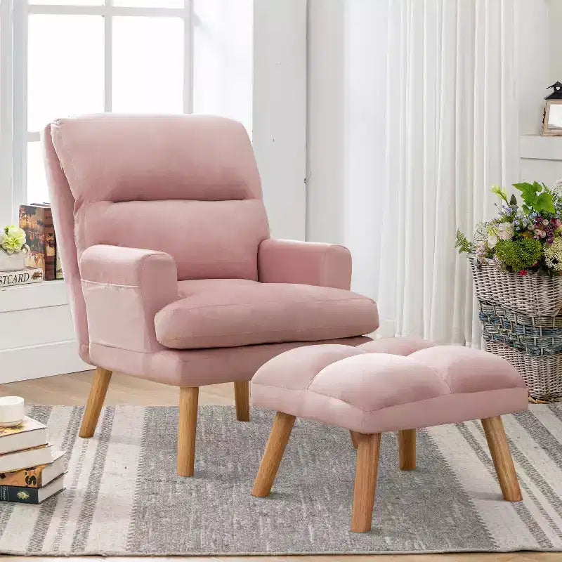 Poltrona accent velluto con pouf, beige / rosa, schienale regolabile, 1 posto, 2 pezzi