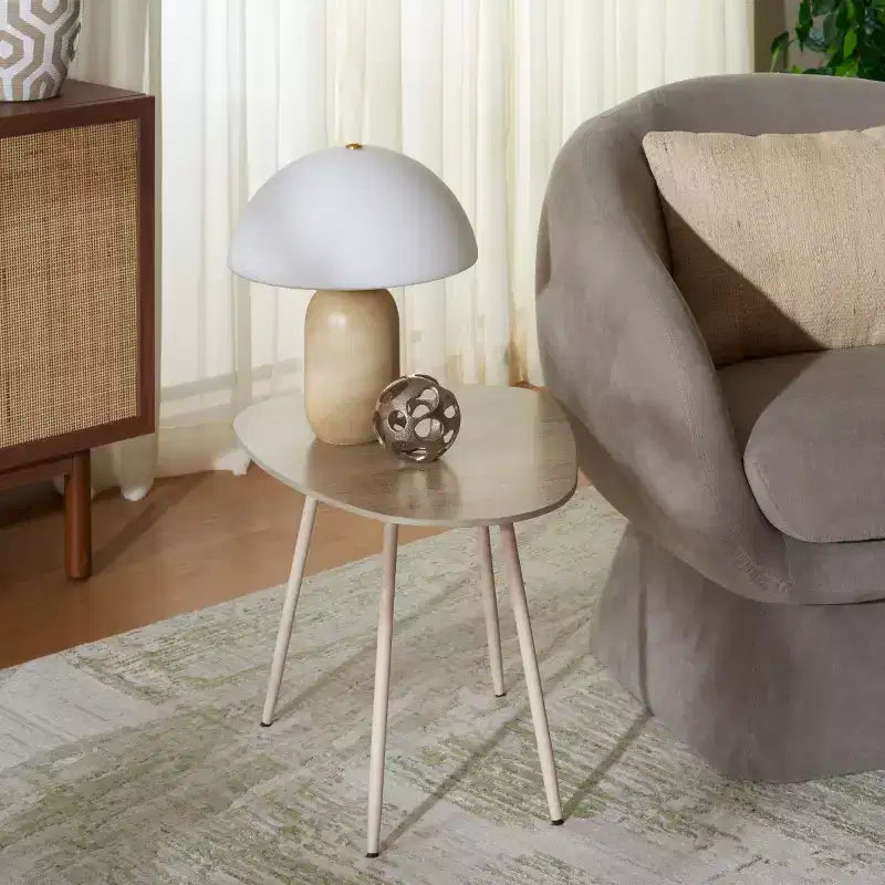 Tavolino laterale in ceramica beige con gambe a forcina, accento da 1 posto, stile metà secolo