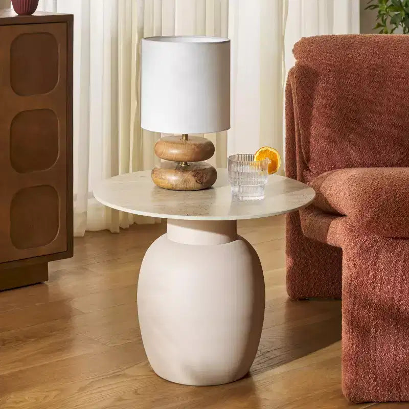 Tavolino d'appoggio rotondo in ceramica beige, stile moderno, 1 pezzo