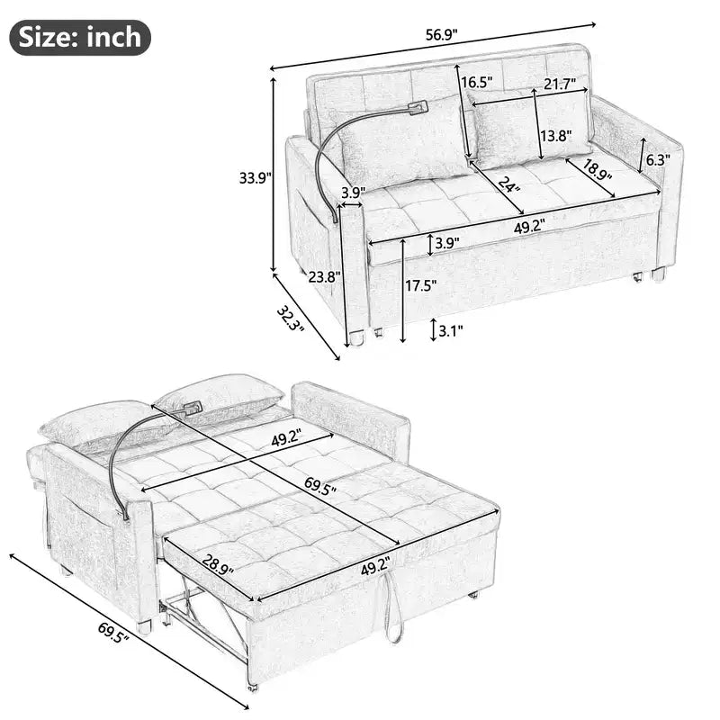 Beige / Nero / Blu / Marrone / Grigio / Verde | Divano letto a due posti in ciniglia | 2 posti