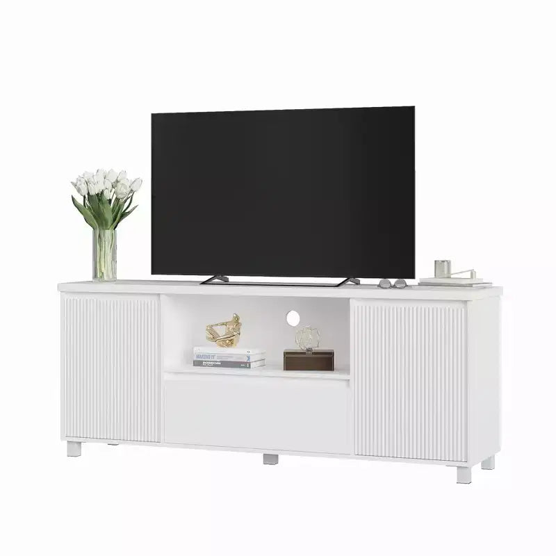 Mobile TV bianco scanalato per TV fino a 70", montaggio da 1 persona, con cassetto e 2 armadietti