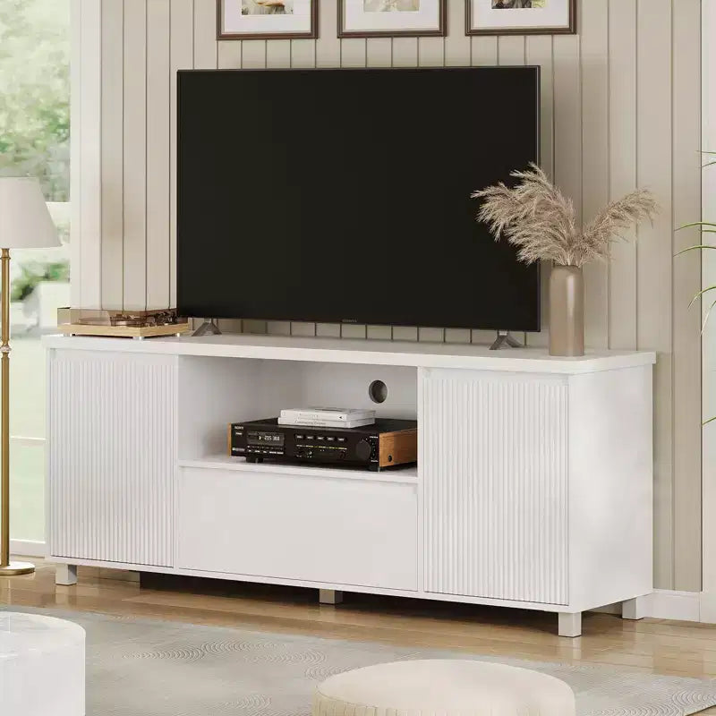 Mobile TV bianco scanalato per TV fino a 70", montaggio da 1 persona, con cassetto e 2 armadietti