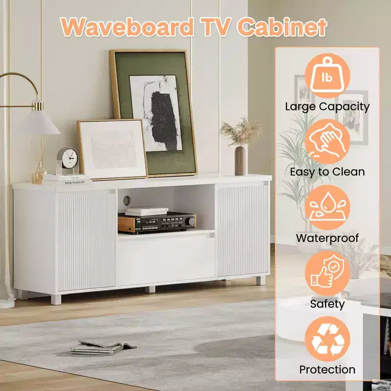 Mobile TV bianco scanalato per TV fino a 70", montaggio da 1 persona, con cassetto e 2 armadietti