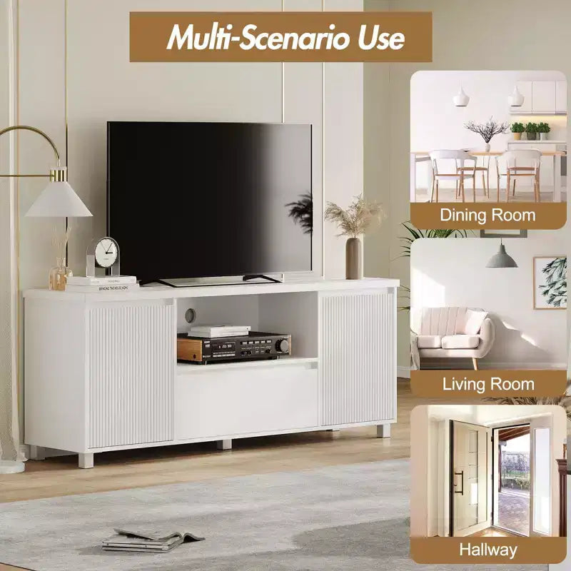 Mobile TV bianco scanalato per TV fino a 70", montaggio da 1 persona, con cassetto e 2 armadietti