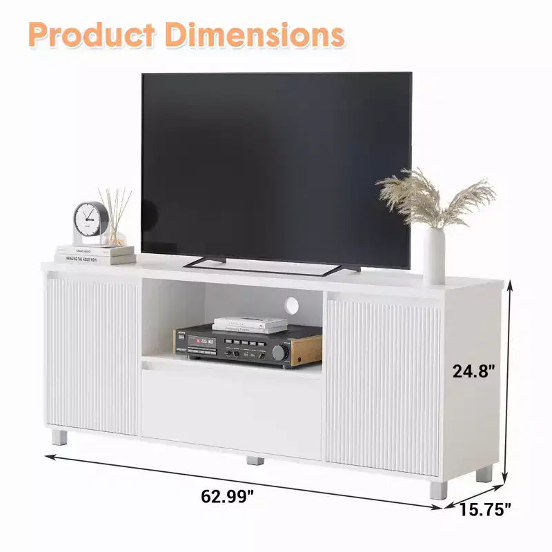 Mobile TV bianco scanalato per TV fino a 70", montaggio da 1 persona, con cassetto e 2 armadietti