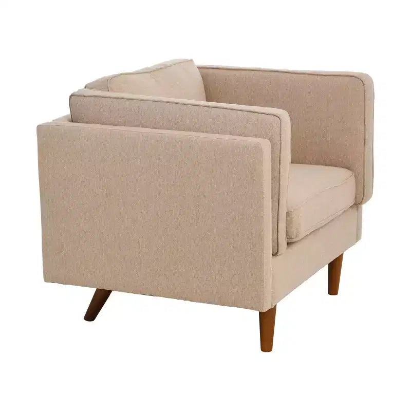 Poltrona imbottita beige / marrone / grigia con gambe in legno massello – 1 posto