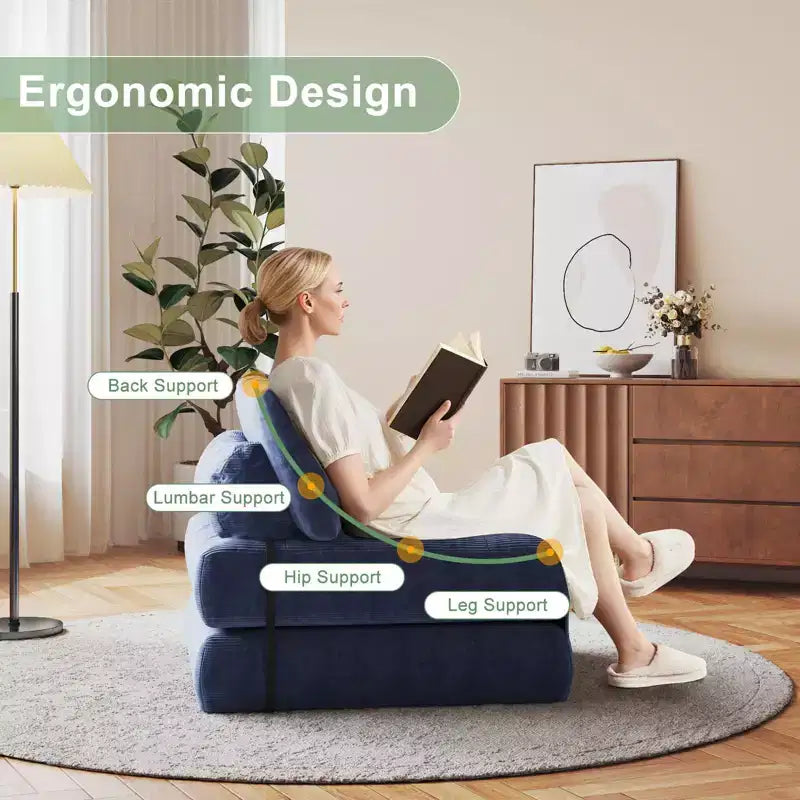Divano letto pieghevole in velluto a coste Beige / Blu Scuro / Grigio Scuro – Poltrona letto convertibile 5-in-1, 1 posto