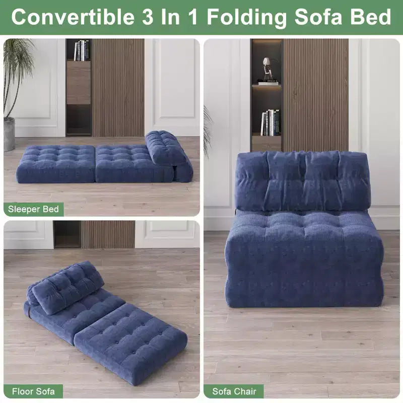 Divano letto pieghevole in velluto a coste Beige / Blu Scuro / Grigio Scuro – Poltrona letto convertibile 5-in-1, 1 posto
